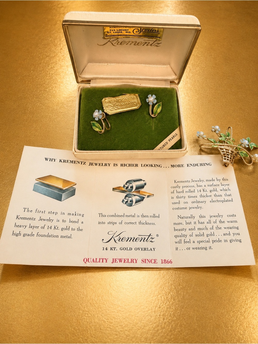 Vintage 1960s Krementz Collector’s Forget-Me-Not Brooch & Earrings Set - Picture 3 of 14